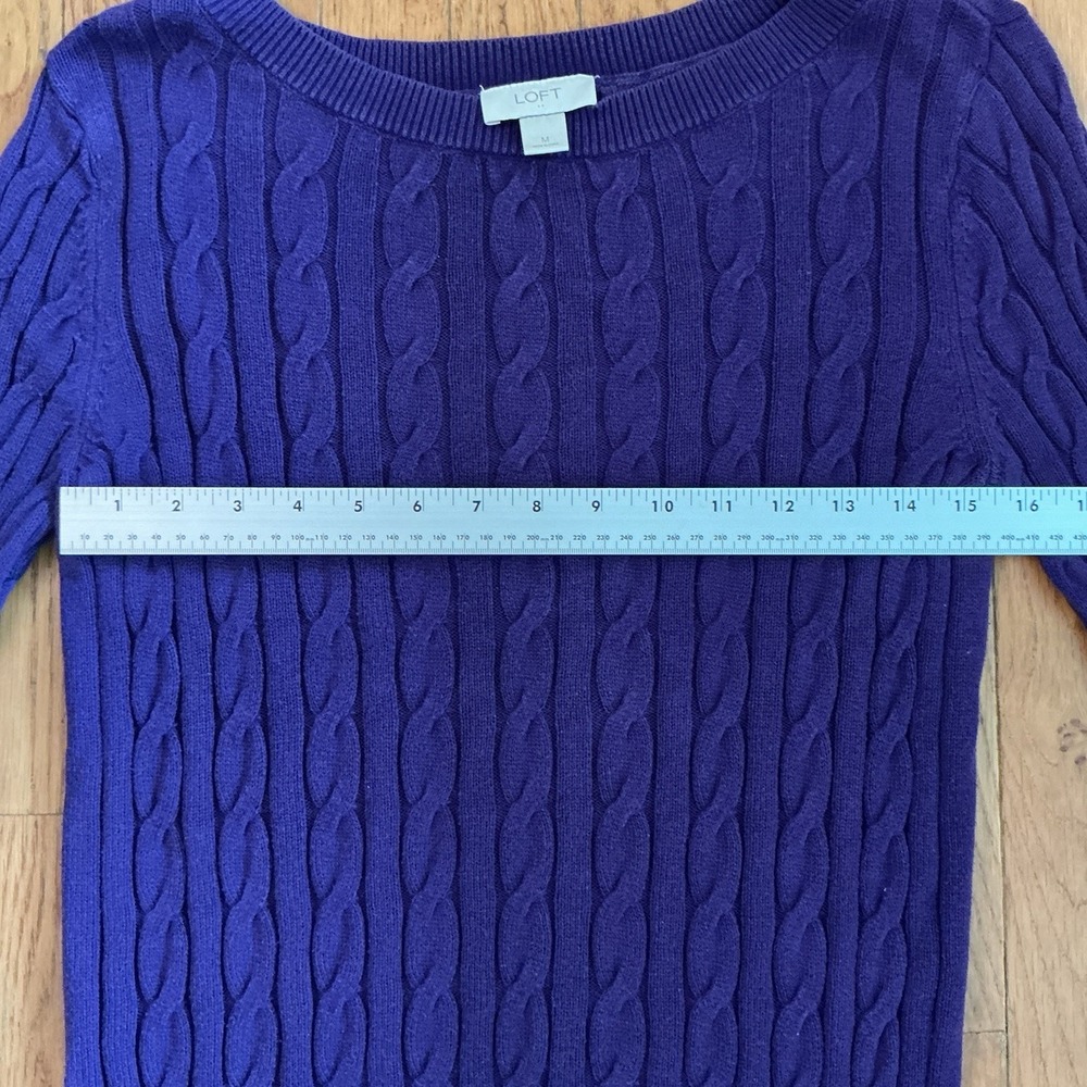 LOFT Purple Cable Knit Sweater 3/4 Length Sleeves Boat Neck Size M - Picture 4 of 6
